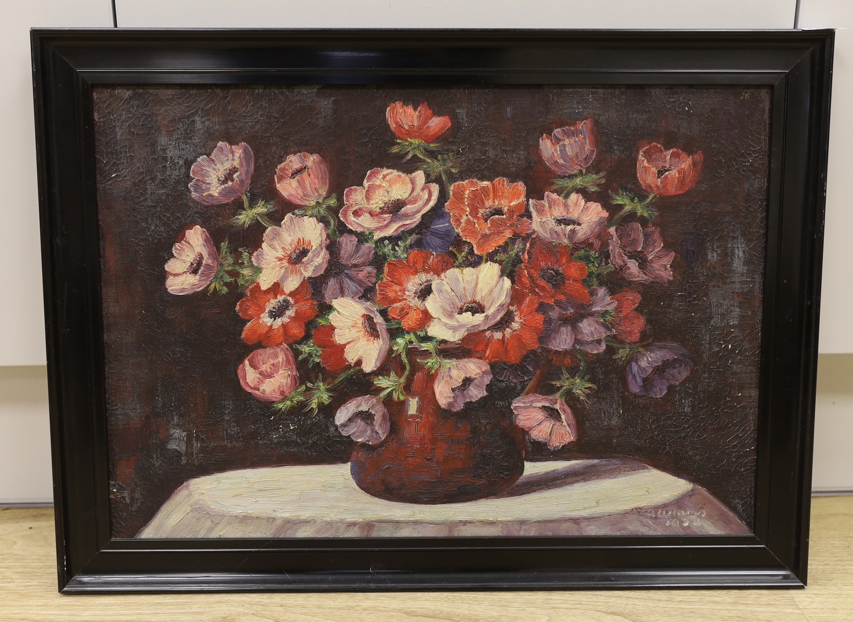 A. Adams, oil on canvas, Still life of anemones, signed, label verso, 34 x 49cm